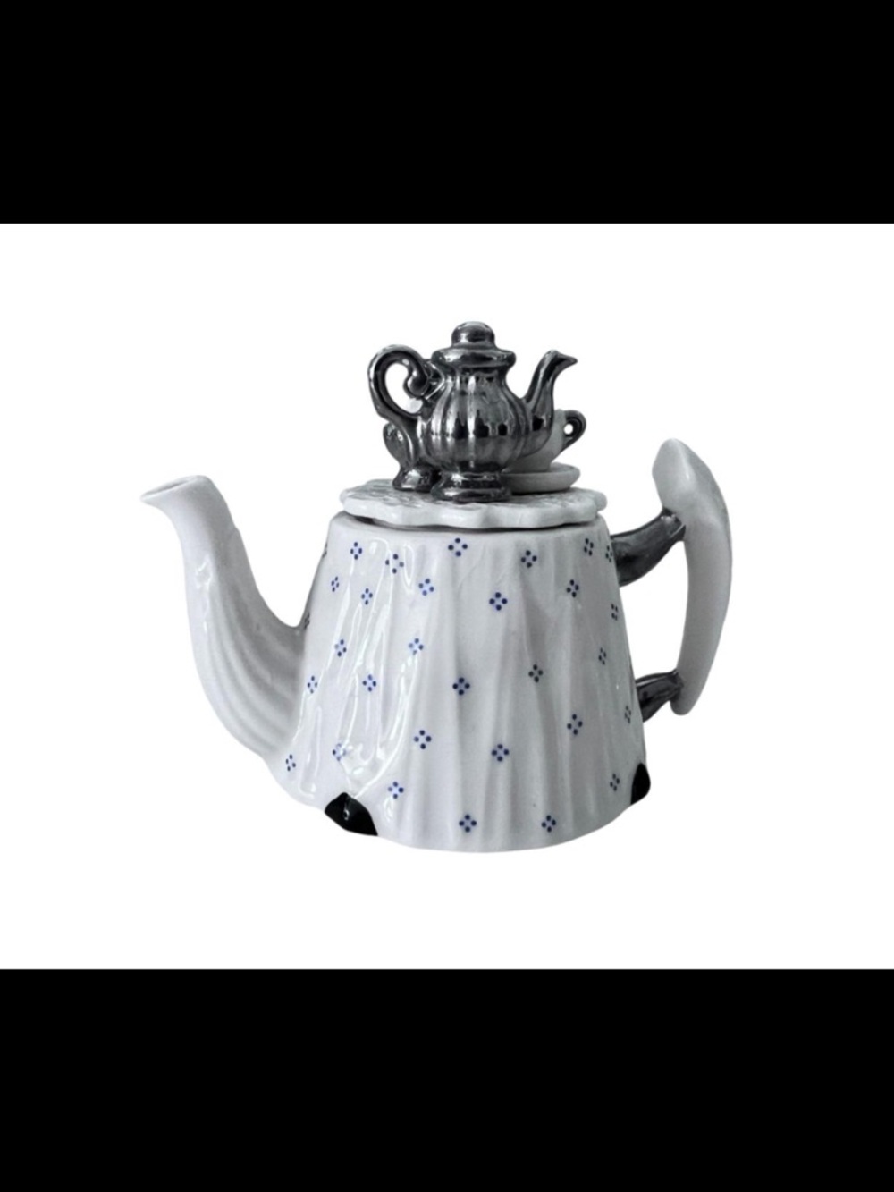 Paul Cardew Miniature Novelty Teapot | Teapot & Cup on Lid | Blue Polka Dots VTG